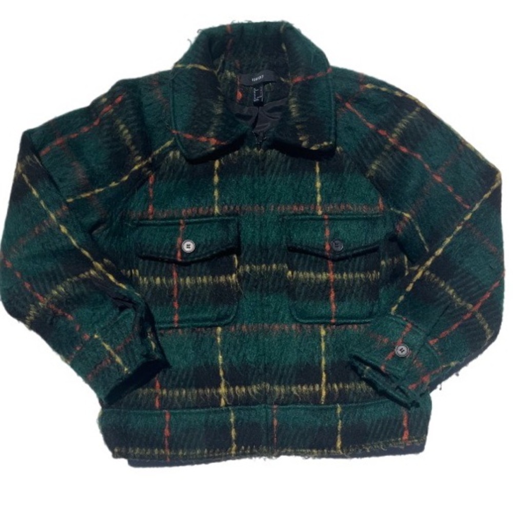 Forever 21 size large green and red plaid fuzzy zip up cropped jacket sweater